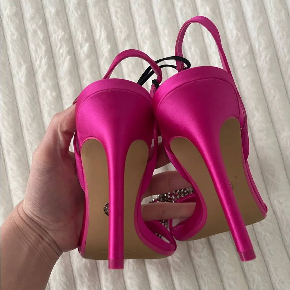 Zara Fuchsia Embellished Bow High Heel Slingbacks - Picture 9 of 13